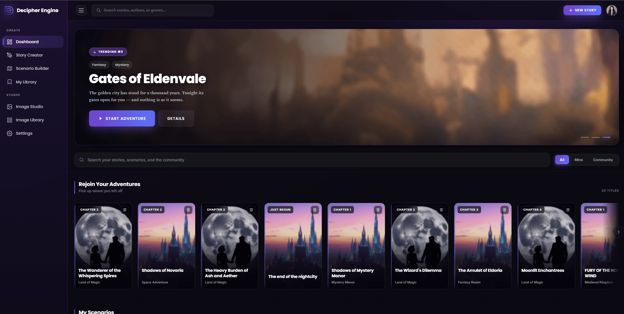 The dashboard: a featured world, 'Gates of Eldenvale', with a Start Adventure button, above a Rejoin Your Adventures row of in-progress story cards.