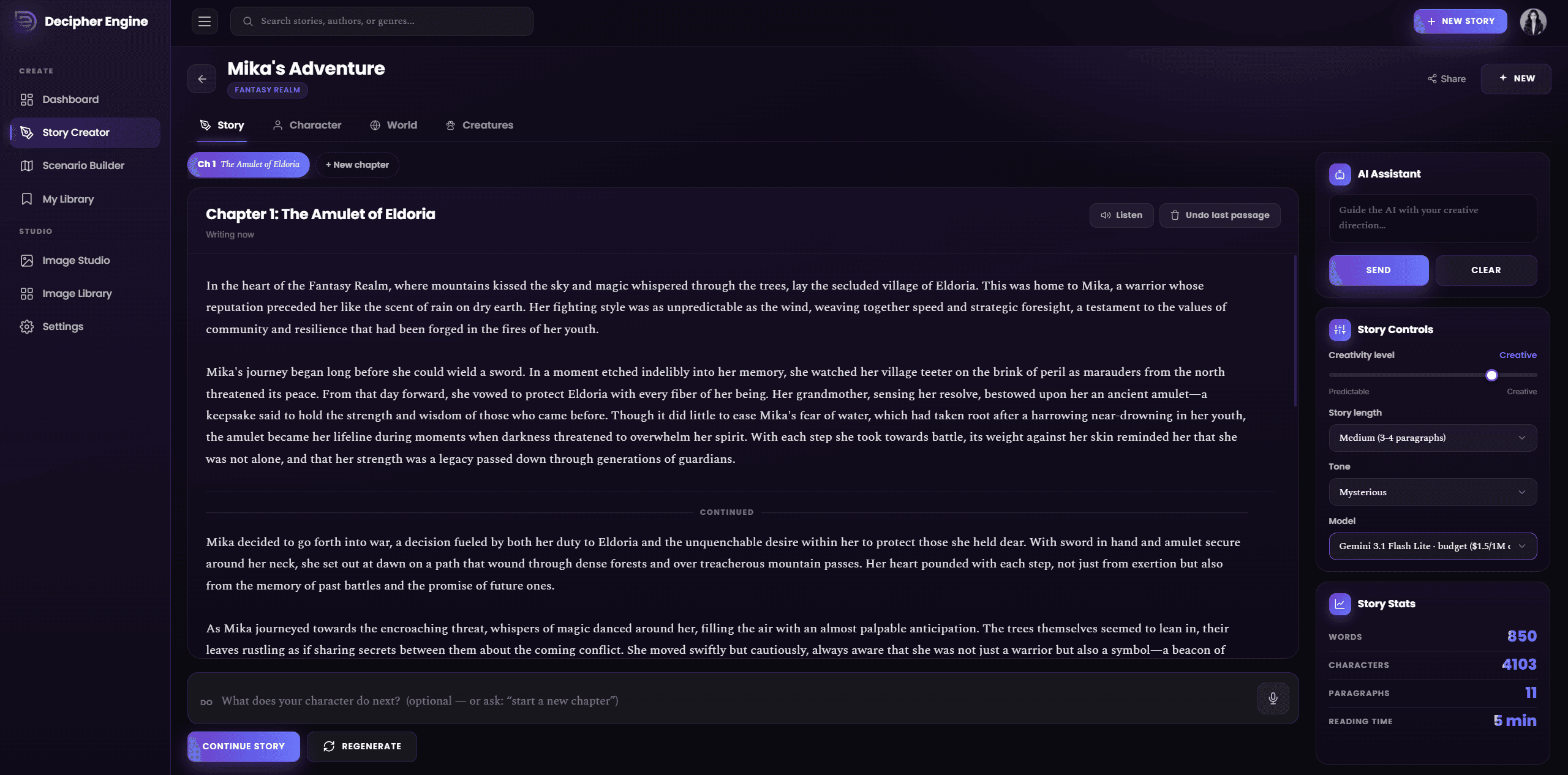 The story creator: a chapter of 'Mika's Adventure' open in the editor, with the AI Assistant panel, story controls, model picker and live story stats alongside.
