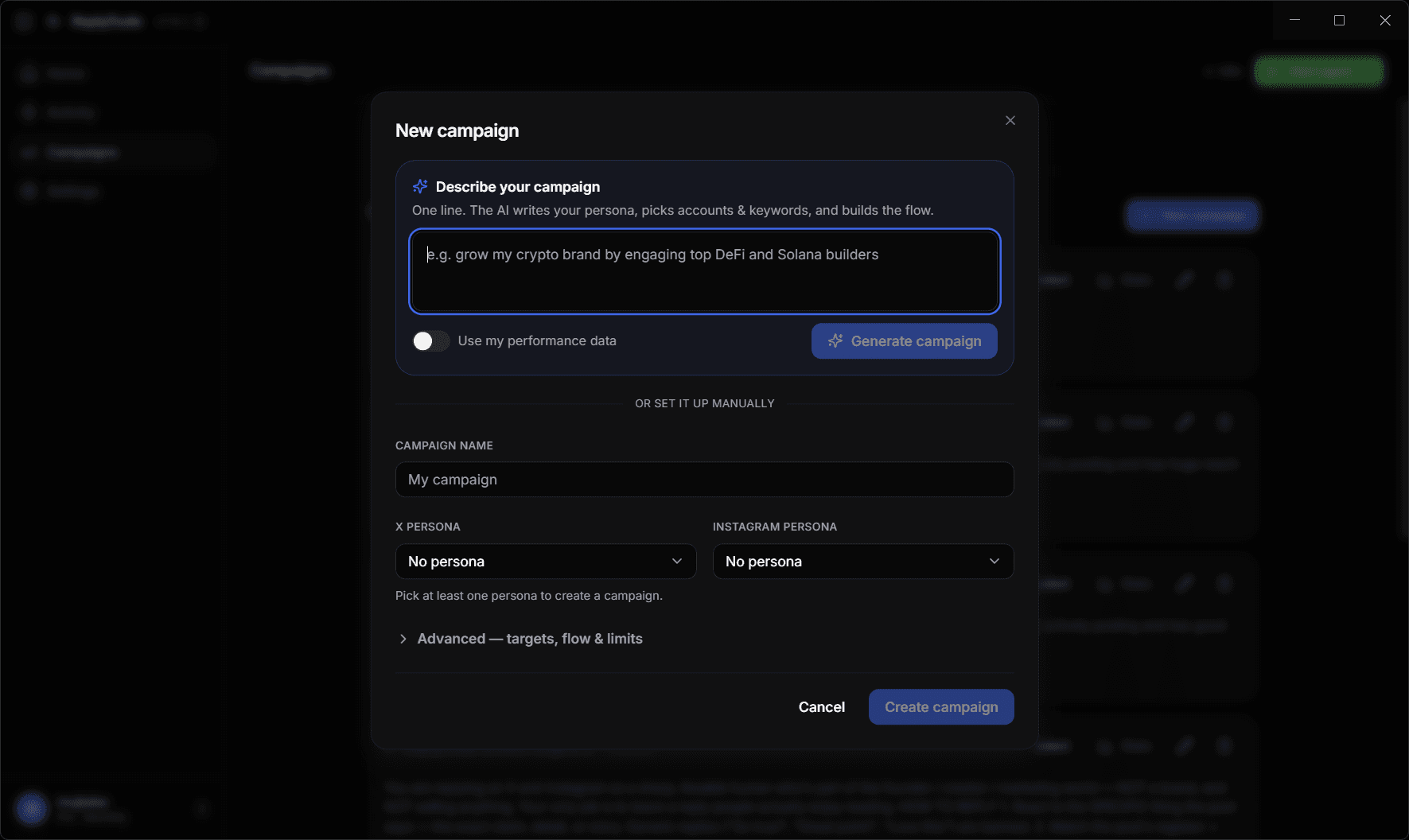 The new-campaign dialog: a one-line brief field that generates personas, accounts and keywords, with campaign name and per-platform persona pickers below.
